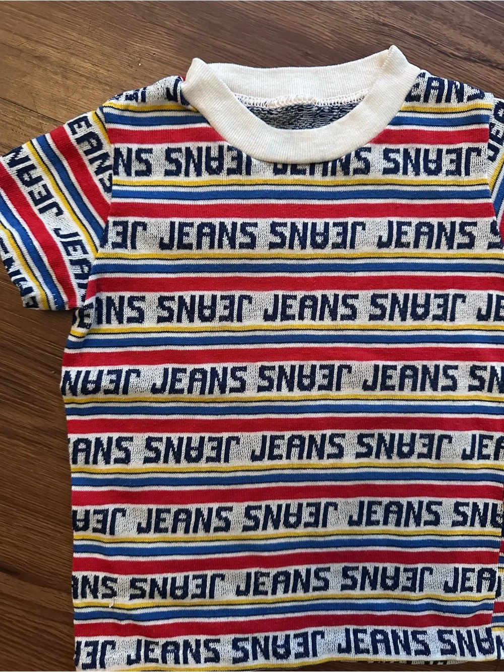 Vintage Striped 'JEANS' Logo Tee - Red, Blue, Yellow & White